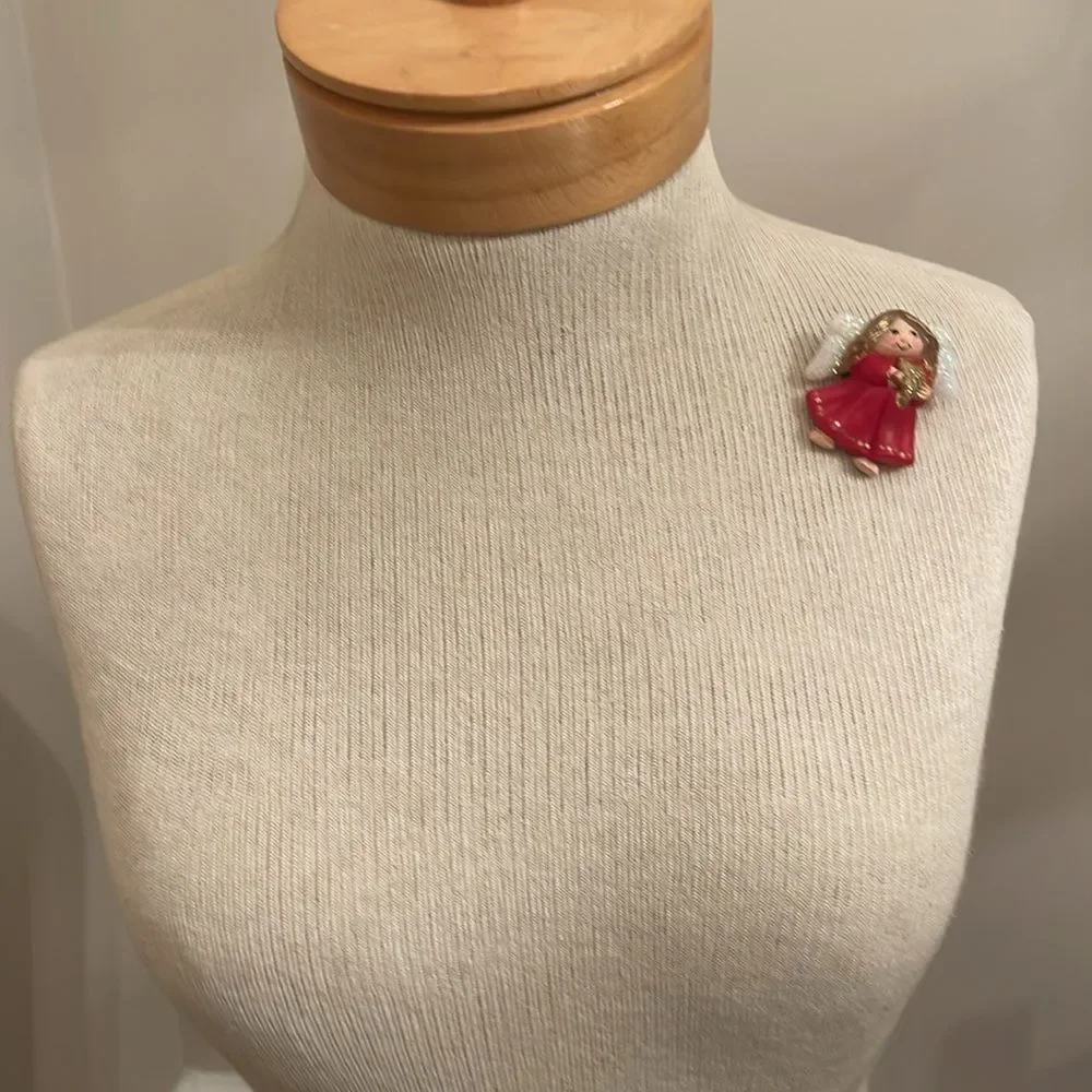 Vintage S. Lehman Red Dress Angel Pin - Brooch Designed for Fun World 1990’s